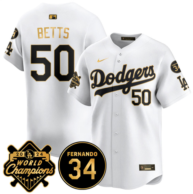 Men's Los Angeles Dodgers #50 Mookie Betts White/Gold 2024 World Champions & Fernando Memorial Patch Vapor Premier Limited Stitched Baseball Jersey Men's Los Angeles Dodgers #50 Mookie Betts White/Gold 2024 World Champions & Fernando Memorial Patch Vapor Premier Limited Stitched Baseball Jersey